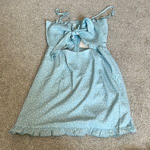 Blue and white polka dot mini cut out dress